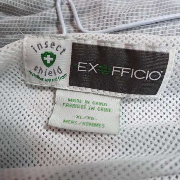 ExOfficio Shirt Large Gray Tab Sleeves Snap Front Insect Shield Vented Nylon - Picture 2 of 14